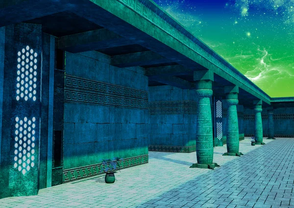 幻想中的异形夜寺被星光照亮 — 图库照片