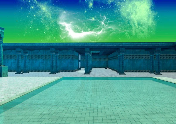 Fantasía Templo Nocturno Alienígena Iluminado Por Luz Las Estrellas — Foto de Stock
