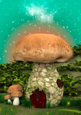 Gökyüzündeki yıldızlarla dolu renkli bir mantar evi..