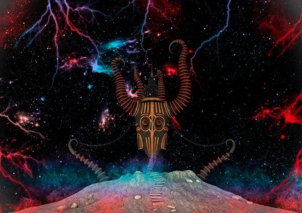 Fantasy scene of a demon mask on the outer space surround by stars, colors, and lightning bolts.