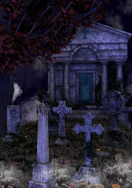 Night scene of a creepy cemetery full of tombs, a mausoleum, and trees.
