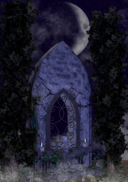 キャンドルや頭蓋骨と不気味な墓の夜のシーン — ストック写真