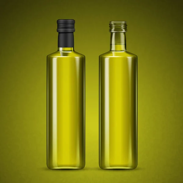 Tomma Glasflaskor Med Vätska Inuti Isolerade Oliv Grön Bakgrund Illustration — Stock vektor