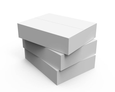 Üç gri düz 3d render kutuları yığın, izole beyaz arka plan kağıt, şu yatır