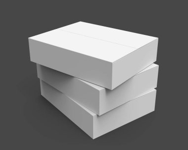 Üç gri düz 3D render kağıt kutuları istifleme, izole karanlık arka plan, sağ Tilt