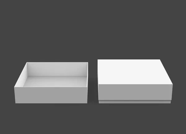 两个空白框一个与盖子和另一个没有在3D 插图孤立在黑暗的背景 — 图库照片