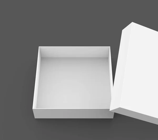 一个空白的空打开盒在3D 例证在黑暗的背景隔绝了 它的盖子漂浮在空气中 — 图库照片