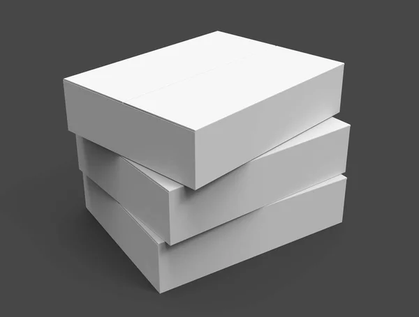 Tři Šedé Ploché Vykreslování Papírové Boxy Překrývání Izolované Tmavé Pozadí — Stock fotografie