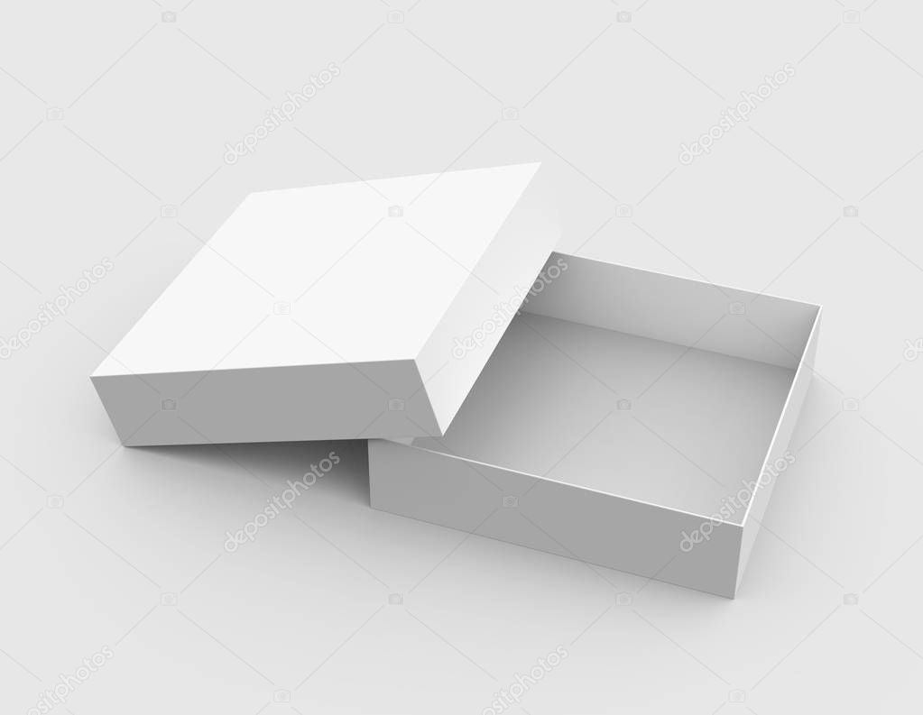 One blank empty open box in 3d illustration isolated on light gray background, Elevated view