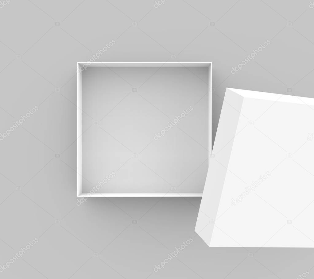 One blank empty open box in 3d illustration isolated on light gray background, top view angle