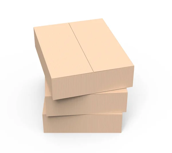 つの光茶色のフラット レンダリング紙ボックス積み重ね 孤立した白い背景 — ストック写真