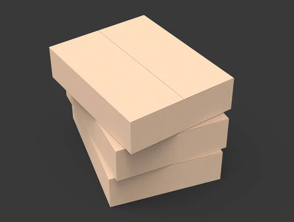 三浅褐色平面3D 渲染纸盒堆叠 孤立暗背景 — 图库照片