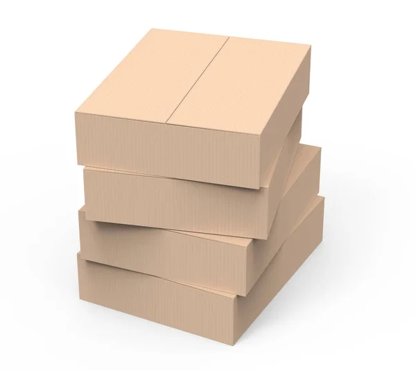 Cuatro Cajas Papel Renderizado Plano Marrón Claro Que Apilan Fondo — Foto de Stock