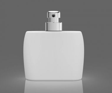 Beyaz kare kozmetik şişe metalik bir baş kısmı gri arka plan, 3d render