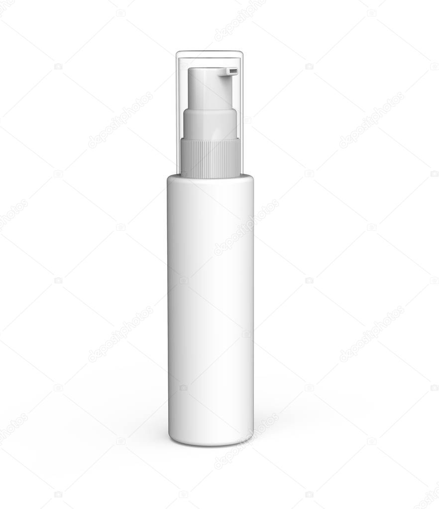 white plastic cosmetic bottle with cap, isolated white background, 3d rendering