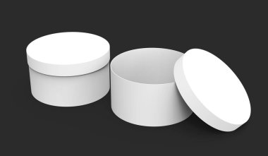İki boş yuvarlak kutu, kağıt kutusu örnekler 3d render, koyu arka plan üzerinde izole