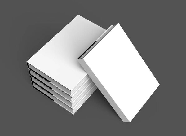 3D rendering hardcover books, five books mockup pile up and isolated on dark background, elevated view