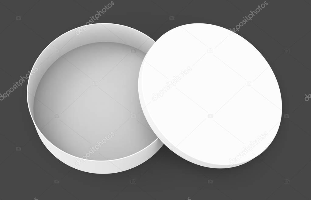 Single blank round box, short paper box mockup with its lid lean on it isolated on dark background, 3d rendering and elevated view