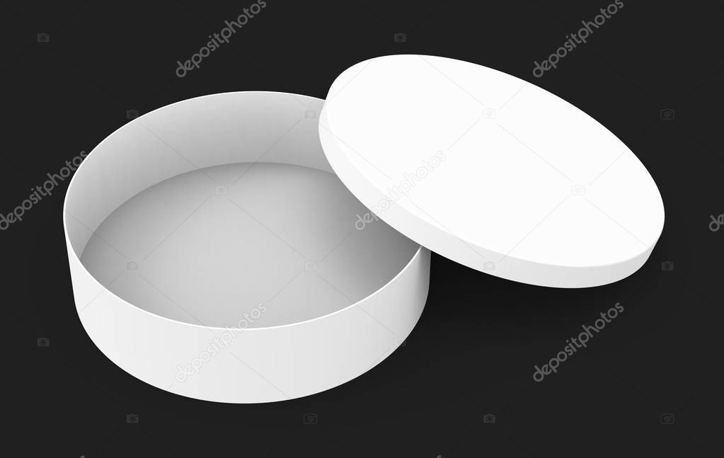 Single blank round box, short paper box mockup with its lid lean on it isolated on dark background, 3d rendering and elevated view