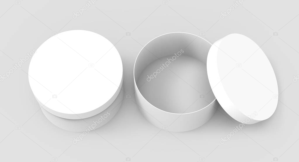 Two blank round boxes, paper box mockups isolated on light gray background in 3d rendering, elevated view