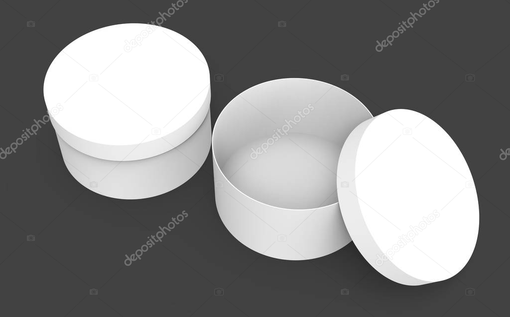 Two blank round boxes, paper box mockups isolated on dark background in 3d rendering, elevated view