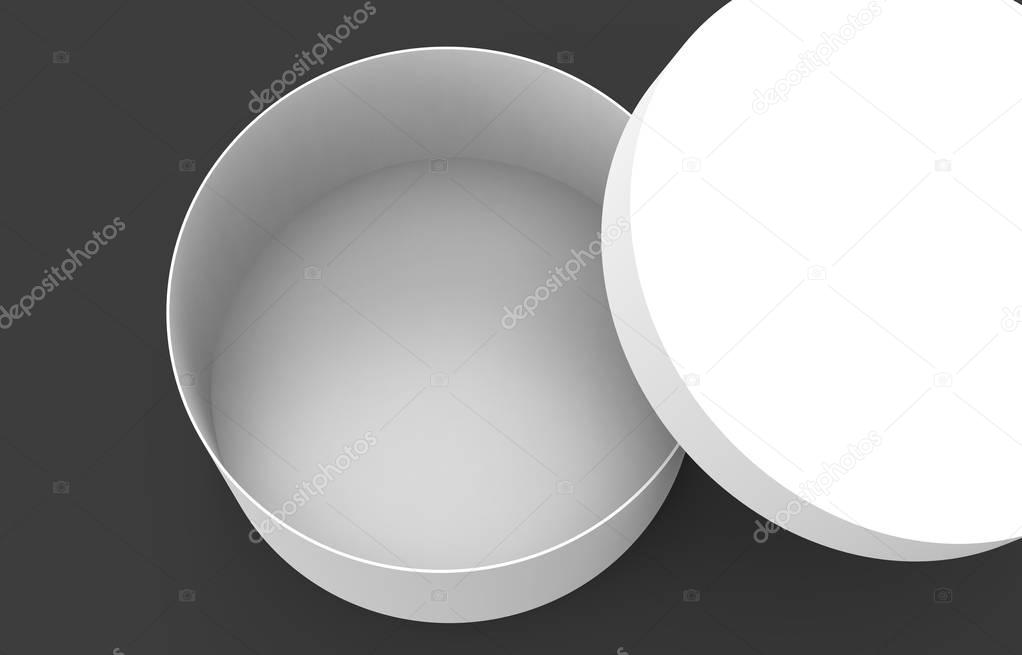 Single blank round box, close up look at paper box mockup with its lid lean on it isolated on dark background, top view of 3d rendering