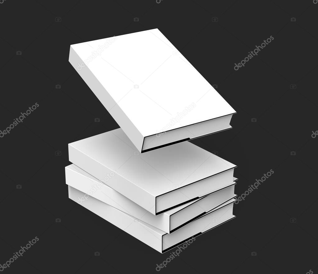 3D rendering hardcover books, four books mockup pile up and one of them floating in the air isolated on dark background