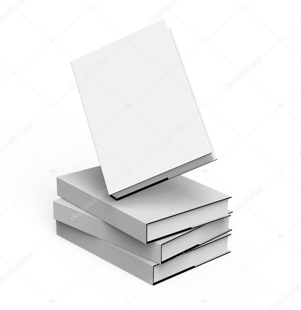 3D rendering hardcover books, four books mockup pile up and one of them floating in the air isolated on white background