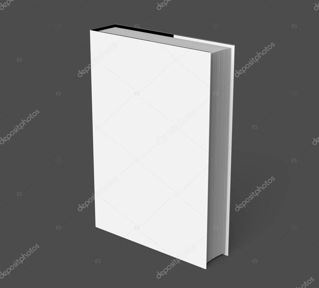 3D rendering hardcover book, standing single book mockup isolated on dark background, elevated view