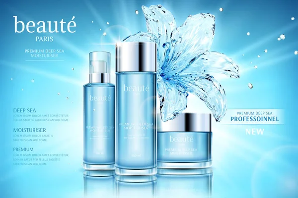 Fuktgivande Kosmetiska Set Annonser Med Transparent Vatten Lilja Glittrande Blå — Stock vektor