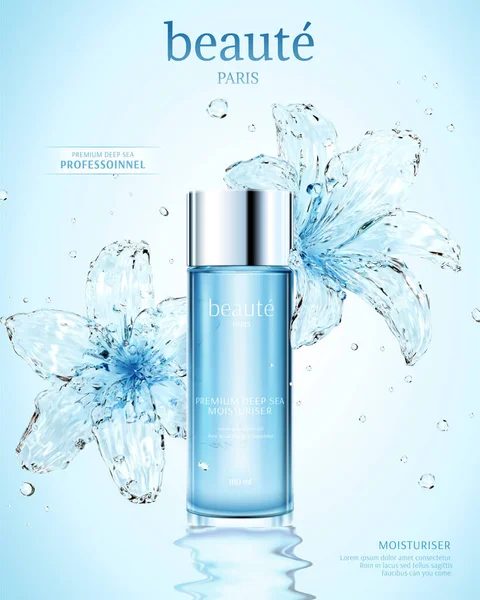 Återfuktande Kosmetiska Annonser Med Transparent Vatten Lilja Ljusblå Bakgrund Illustration — Stock vektor