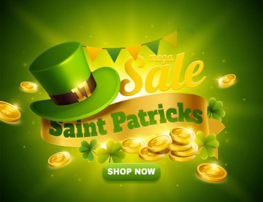 St. Patrick's day sale popup ads with green leprechaun hat and golden coins clipart