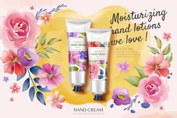 Flat lay hand cream ads with colorful watercolor style floral background in 3d illustration