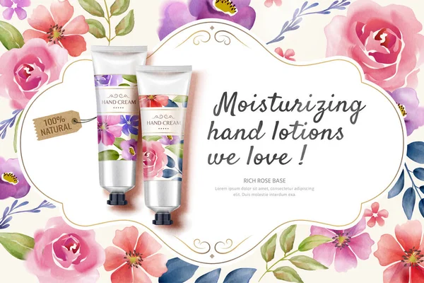 Flat lay hand cream ads with colorful watercolor style floral frame in 3d illustration
