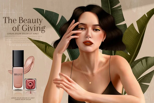 Elegantní Lak Nehty Reklamy Brunetkou Žena Která Nosí Špagety Popruh — Stockový vektor