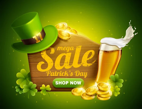 Patrick Day Sale Popup Werbung Mit Grünem Koboldhut Goldmünzen Und — Stockvektor