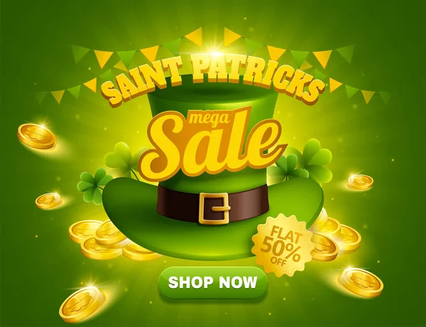 聖パトリックの日の販売のポップアップ広告緑Leprechown帽子と黄金のコイン — ストックベクタ