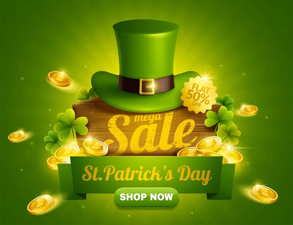 Patrick Day Sale Popup Ads Green Leprechaun Hat Golden Coins — Stock Vector