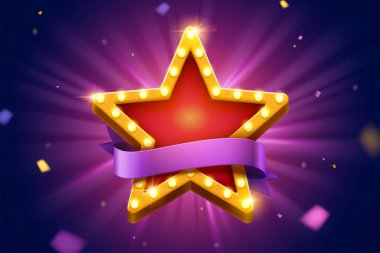 Mor kurdele ve uçan konfeti, oyun ya da web sitesi elementleri ile geçmişe dönük ışık yıldız dekorasyonu