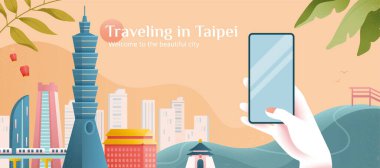 Taipei şehrinin güzel bir resmini çekmek düz bir şekilde, şehir simgelerini tanıtma konseptinden tasarlandı.