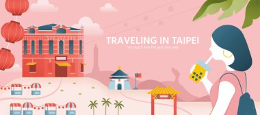 Moda kızı, Taipei 'nin ünlü tarihi eserlerini tanıtma kavramından yola çıkarak gezintiye çıkarken oyuncak çay içiyor.