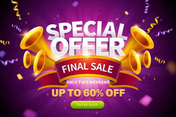 Специальное предложение всплывающих объявлений с вылетающими из труб стримерами и окончательной продажей, написанной на красной ленте для рекламы, на пурпурном фоне
