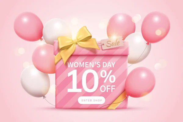 販売は女性の日のための広告をポップアップ 金色のリボン弓と桜のピンクの背景に飛行風船と大きなギフトボックスで飾られました — ストックベクタ