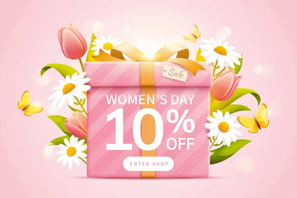 春の花のデザインをコンセプトに ギフトボックスや桜のピンクの背景に美しい花で飾られた女性の日の販売のための広告をポップアップ — ストックベクタ