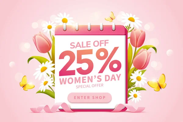 Реклама Міжнародного Жіночого Дня Продажу Розроблена Календарем Оточенні Прекрасних Тюльпанів — стоковий вектор