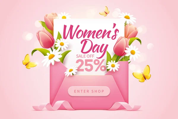 女性の日の販売はかわいいピンクの封筒と素敵な花で飾られた25 割引で広告をポップアップします — ストックベクタ