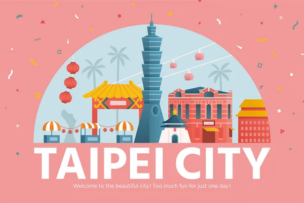 Toerisme Promo Banner Platte Stijl Met Beroemde Attracties Van Taipei — Stockvector