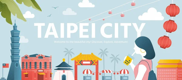 Taipei Şehrinin Ünlü Turistik Mekanlarına Gezintiye Çıkan Trend Kızıyla Turizm — Stok Vektör