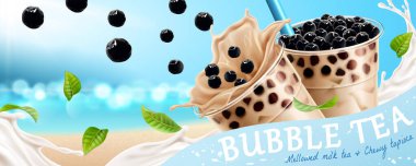 Bubble tea banner ads with flying tapioca and milk on glittering ocean background in 3d illustration clipart