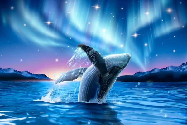 Humpback Whale Violazione Dell Acqua Con Aurora Mozzafiato Scintillante Sfondo — Vettoriale Stock